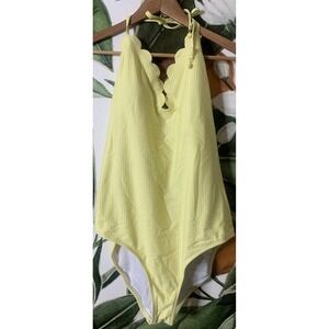 Jessica Simpson XL Yellow Striped Scallop Print Tie Back One Piece Swimwear New